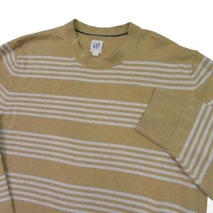 Gap‎ Mens Crew Neck Sweater Pullover L Fitted Tan White Striped Cotton